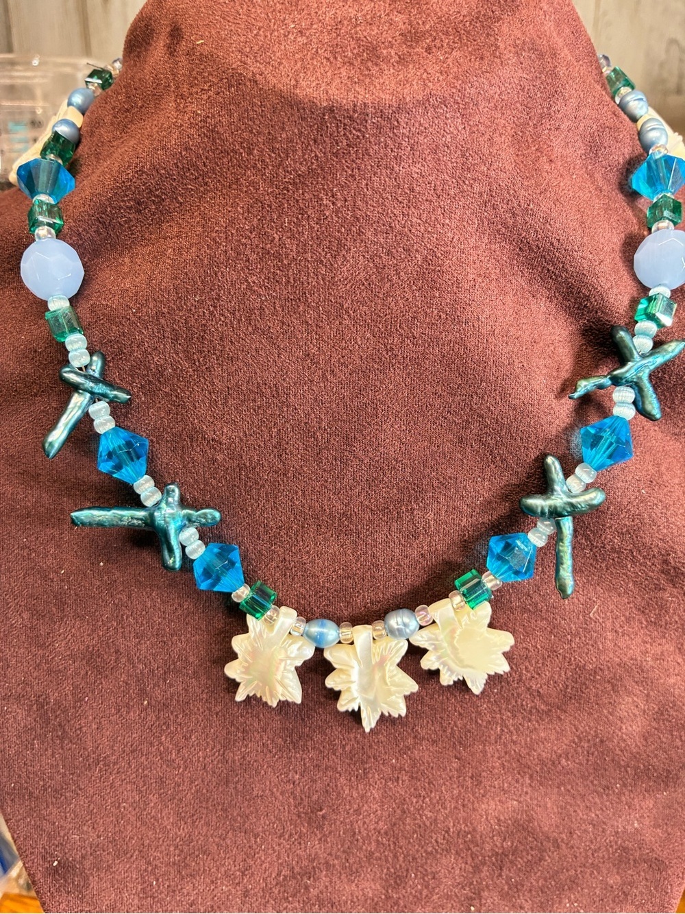 Pearl Leaf & Aqua Bead pearls Necklace - Blue/Green